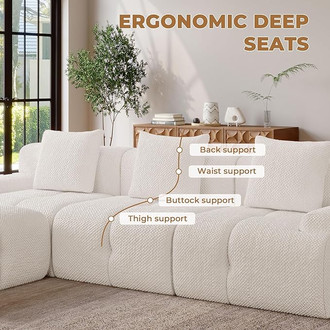 104 Modern L Shaped Modular Sectional Sofa 4 Seater Convertible Chenille Cloud Couch Sofa Set Boneless Couches for Living Room with Ottoman No Assembly Required White