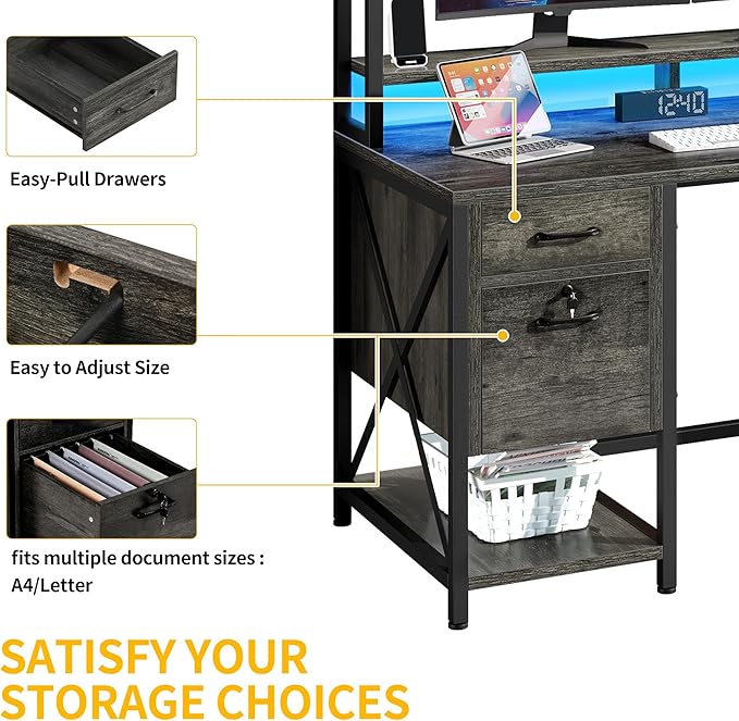 DWVO Computer Desk with Drawers &amp Hutch 59.1 Office Desk with Power Outlets &amp LED Lights Home Office Desk with Storage Shelves Grey