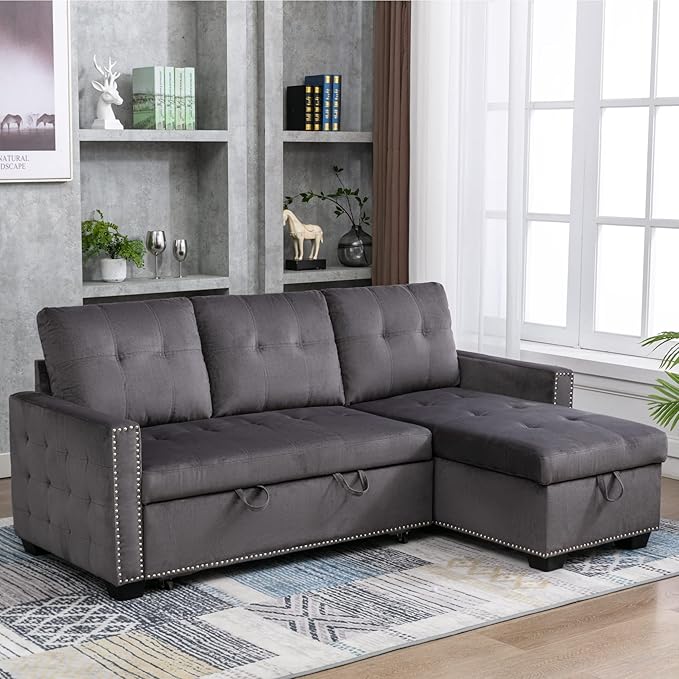 Merax 76.8 Pull Out Sleeper Reversible Sectional Storage Sofa BedConvertible Velvet Corner Sofa Bed and Reversible Storage Chaise L-Shaped Sleeper Sofa for Living RoomDark Gray