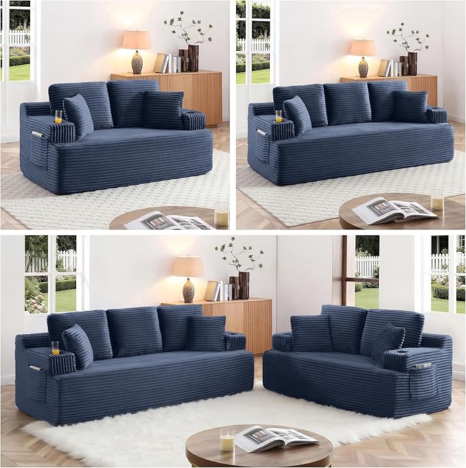 Boneless Sofa Couch Set with Cup Holders &amp Side Pockets Modern Corduroy Fabric Upholstered 3-seat Couch &amp Loveseat Set with 4 Throw Pillows for Living Room Office No Assembly (Blue)