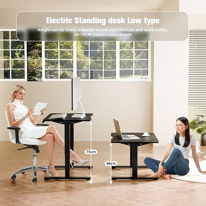 ERGOMAKER Low Height Adjustable Desk with Lockable Wheels Lifts 18.9-29.5 31.5 x 23.6 Electric Small Standing Desk with Splice Board for Home Office &amp Short People(Black Frame Black Desktop
