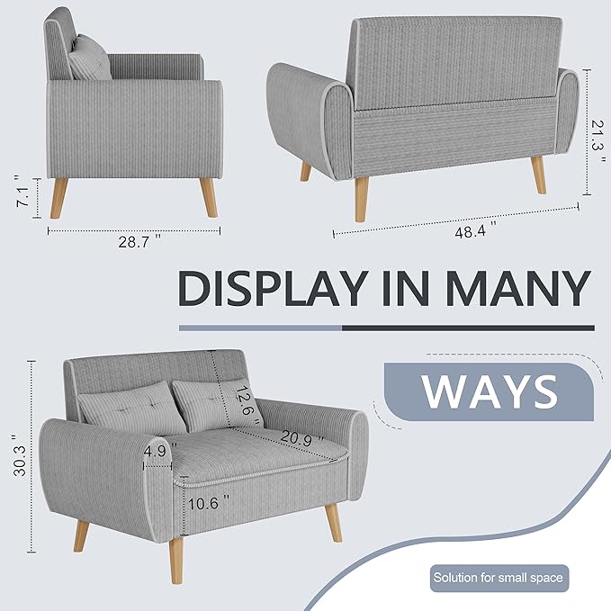 Shintenchi Small Modern Loveseat Couch Sofa Mid Century Fabric Upholstered 2-Seat Sofa Couch Love Seats Furniture for Small SpaceLiving RoomStudioApartment with 2 PillowsLight Grey