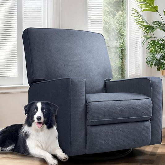 Swivel Rocker Recliner Chair for Adults High Back Fabric Recliner with Deep Seat Manual Glider for Living Room &amp Nursery Blue