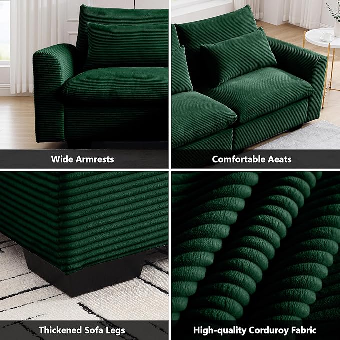 Oversized Modular Sectional Sofa 86 Inch Loveseat Sofa Corduroy Deep Seat Comfy Couch with Waist Pillow for Living Room Apartment Green