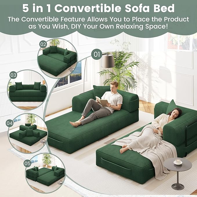 80 Convertible Sofa Bed 5 in 1 Modular Boneless Couch Sleeper Sofa Bed with Fixed Frame &amp Removable Backrest Pillow Washable Corduroy Futon Sofa Bed Couch in a Box for Small Spaces Dark Green