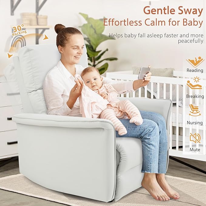 Manual Rocker Recliner Chair with Glider Motion for Nursery 150° Recline &amp Wide Armrests - Overstuffed Leather Nursery Chair for Small Spaces Living Room Bedroom
