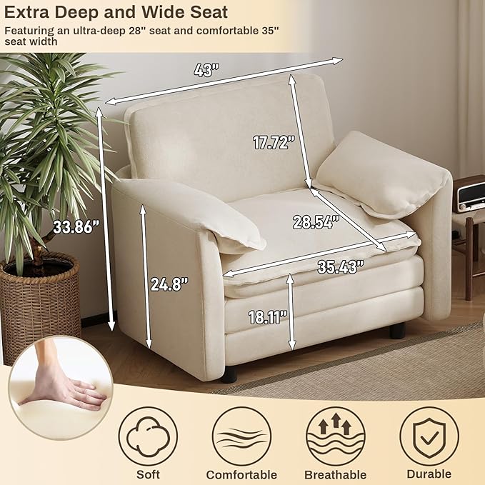 43 Oversized Chenille Single Sofa Chair Deep Seat Chaise Lounge Chair Upholstered Armchair Modern Accent Chairs for Living Room Bedroom Office Apartment Beige