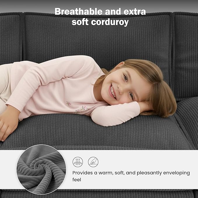 Apicizon 143 Cloud Couch Sectional 4-Seat Deep Sofa Couch with Ottoman Modern U Shape Sectional Cloud Sofa Corduroy for Living Room Apartment Office Grey