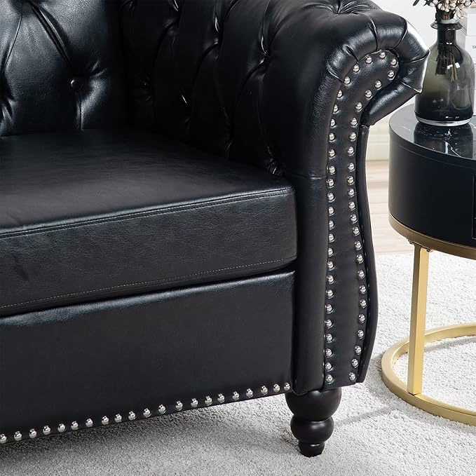 39 Chesterfield Fabric Single Sofa FurnitureUpholstered Sofa with Tufted BackRoll Arm Classic Chesterfield Settee Couches for Living RoomOffice (Black + PU)