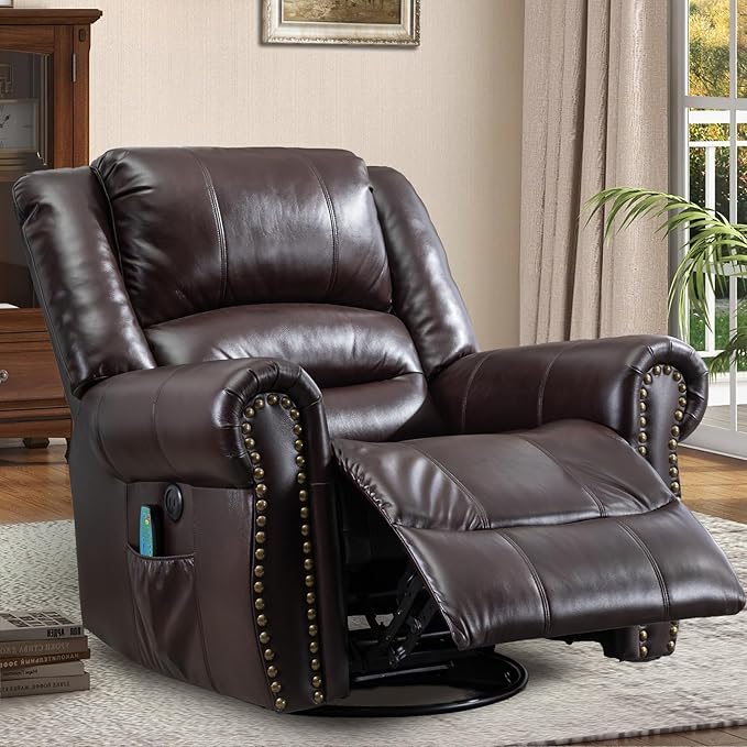 Manual Massage Recliner with Heating Function 360° Swivel Glider Rocking Recliner Chair for Living Room Ergonomic Single Sofa Chair with Remote Control/USB Ports/Side Pockets(Dark Brown)