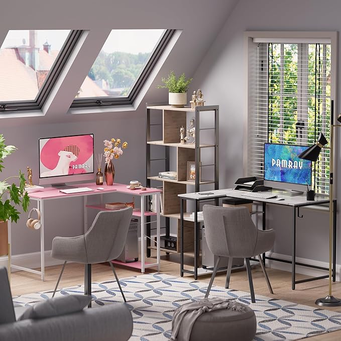 Pamray 43 Inch L Shaped Computer Desk with Reversible Side Storage Shelves Small Corner Desk for Small Space Home OfficeWriting Study Table PC Desk for BedroomPink with White Leg