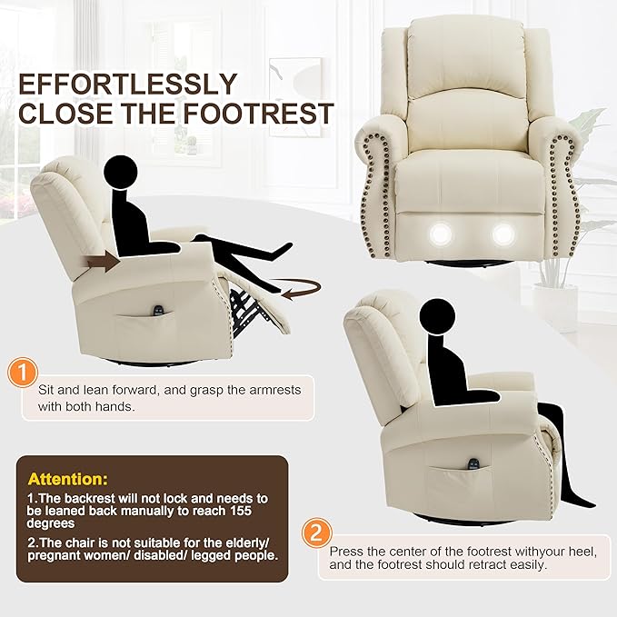 Leather Manual 360° Swivel Rocker Recliner for Adults Gulider Reclining Chair for Living Room with Vibration Massage and Lumbar Heat Side Pockets Faux Leather Beige