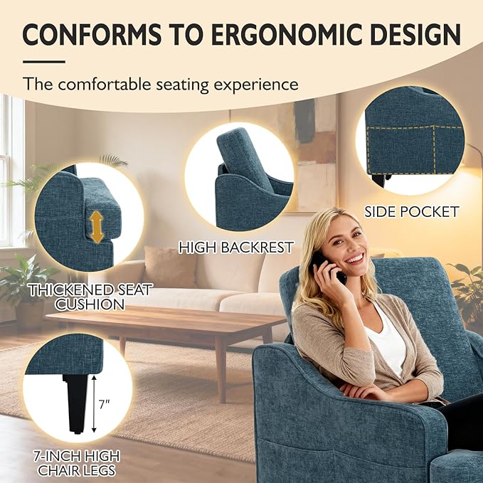 Accent Chair for Living Room Upholstered Chair with Side Pockets Comfy Living Room Accent Chairs for Bedroom Mid Century Modern Armchair for Office Apartment Waiting Room Club (Blue)