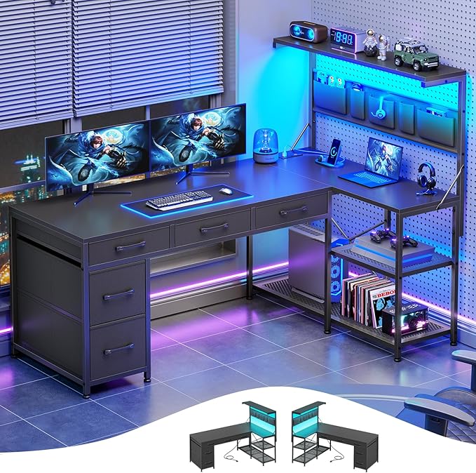 Itaar L Shaped Gaming Desk with 5 Drawers and Storage Shelves Reversible Computer Desk with Bookshelf for Home Office L Shaped Corner Desk with LED Lights Power Outlets and Storage Bag Black