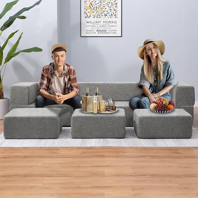 PUREMIND Velvet Folding Sofa Bed Upholstered Floor Sofa Bed with 3 Ottomans Fold Out Couch Bed with High-Density Foam Convertible 2-in-1 Foldable Sleeper Sofa for Guest Bedroom Living Room