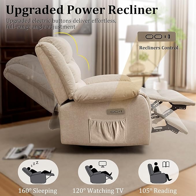 Power Recliner Chair Electric Rocker Recliner with Massage and Heat 270° Swivel Glider Oversized Wide Seat with USB Port Cashmere Nursery Chair for Living Room Khaki