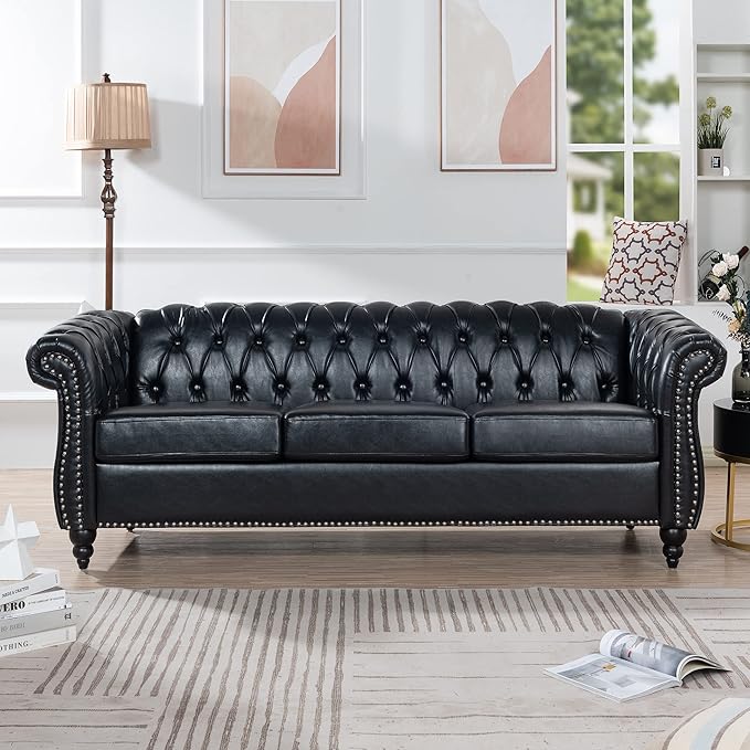 Ball &amp Cast 84 Chesterfield Leather Sofa with Channel Tufted Seat BackClassic 3 Seater Couch w/Roll Arm Nailhead Trim and UpholsteredMid Century Furniture for Living RoomBedroomOfficeBlack P