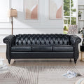 Home Sofa Living Room Furniture 3 Seater Leather Upholstered Sofa Couch Modern Comfy Couch with Faux Leather Cushions Mid Century Tufted Chesterfield Sofas for Bedroom Office Apartment (Black)