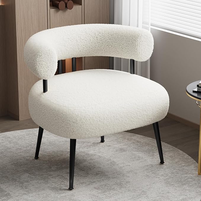 Mid Century Sherpa Boucle Accent Chair Round Upholstered Barrel Arm Chair for Small Spaces Fluffy Side Corner Sofa Chair for Living Room Bedroom Vanity Office Reading Nook
