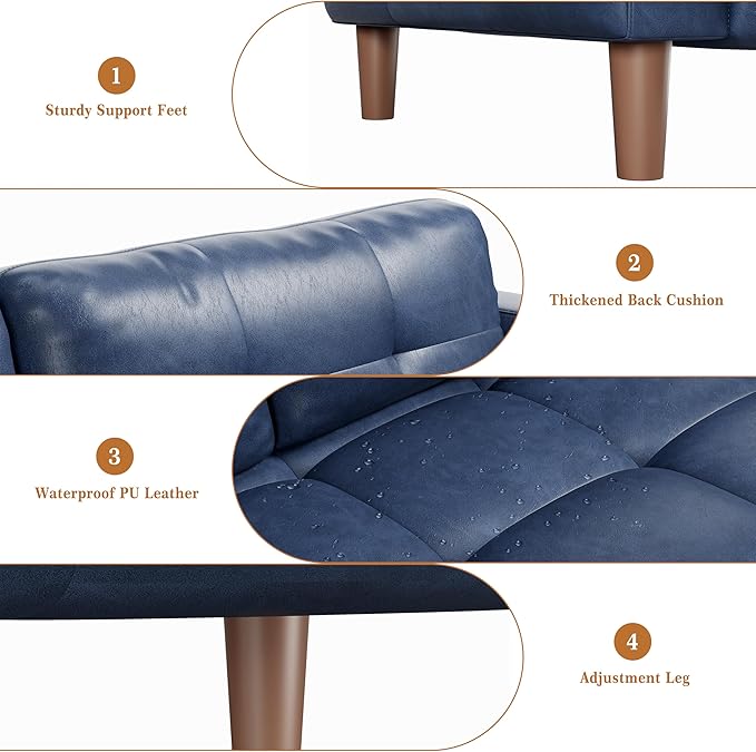 GarveeHome 3-Seater Sofa Couch 83 in Wide Faux Leather Sofa Couch with Spring Cushion Modern Sofa with Deep Seats and 2 Removable Back Cushions for Living Room Bedroom Apartment Office Blue