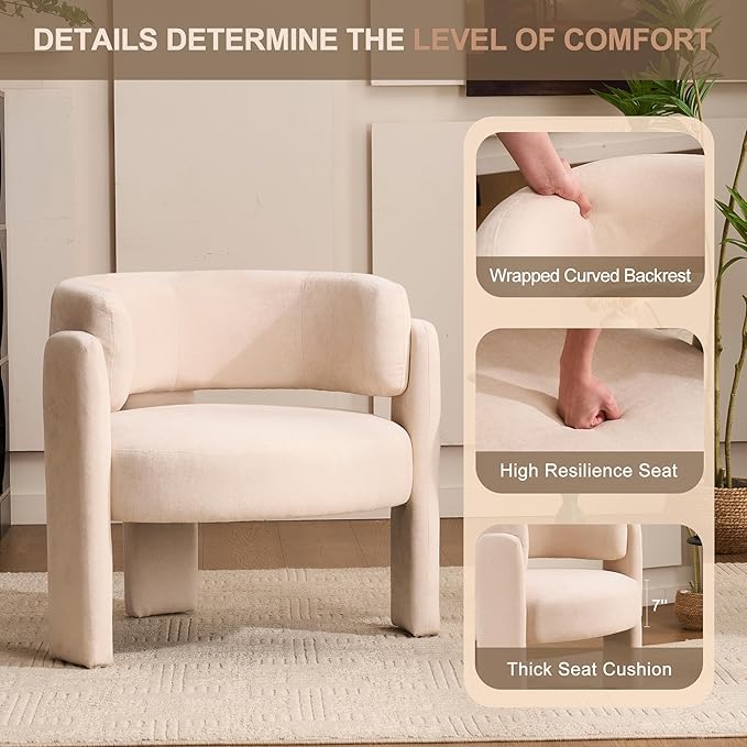 Modern Accent Barrel ChairMid Century Single Armchair with Curved Backrest Upholstered Side Reading Chair with 3 Legs Comfy Sherpa Chair for Bedroom Home Office Living Room (WhiteSet of 2)