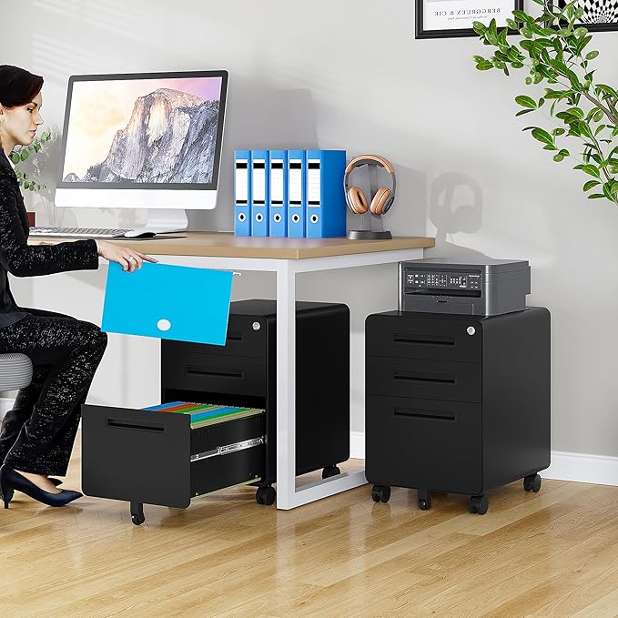 SISESOL 3 Drawer File Cabinet with LockRolling File CabinetsUnder Desk File CabinetThree Drawer Filing Cabinet for Home Office with WheelsFit A4/Letter/Legal FileFully Assembled Except Casters