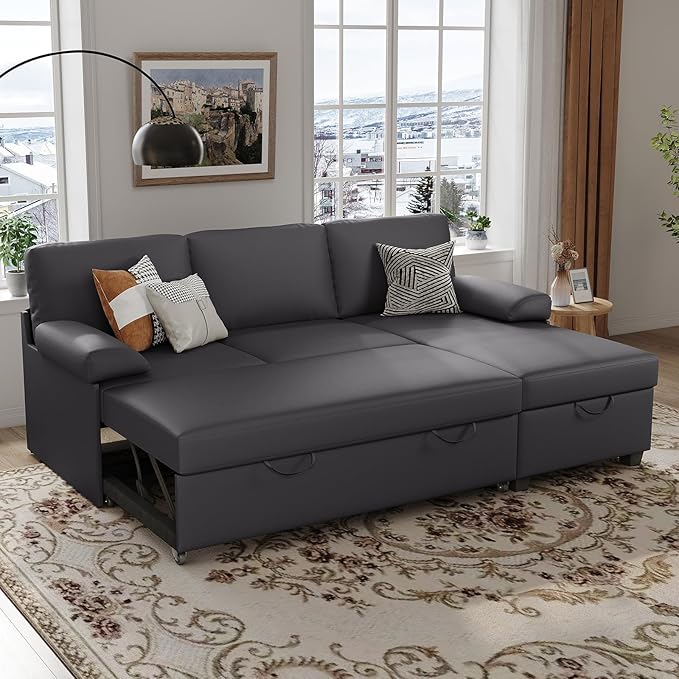80 inch Convertible Sectional Sofa L-Shaped Sofa Sleeper with Reversible Chaise Faux Leather Couch Bed with StorageRemovable ArmrestModern Pull Out Bed for Living Room BedroomGray