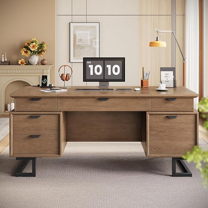 63 Executive Desk with Charging Station Large Home Office Desks with 6 Drawers and 2 Storage Cabinets File Drawer Keyboard Tray Privacy Panel Desk Grommet U-Shaped Metal Legs for Work and Study