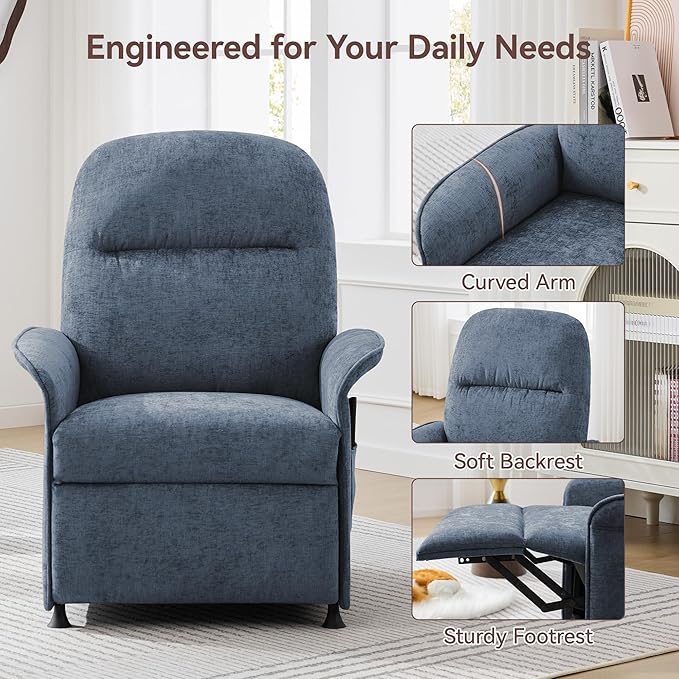 Power Recliner Chair for Adults Modern Reclining Single Sofa with Curved Armrest Comfy Ergonomics Electric Recliner with Side Pockets Adjustable Reading Chair for Living Room Bedroom Chenille Blue