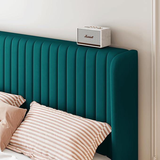 SHA CERLIN Full Size Velvet Bed Frame with Vertical Channel Tufted Wingback Headboard Upholstered Platform Bed with Wood Slats No Box Spring Needed Easy Assembly Teal