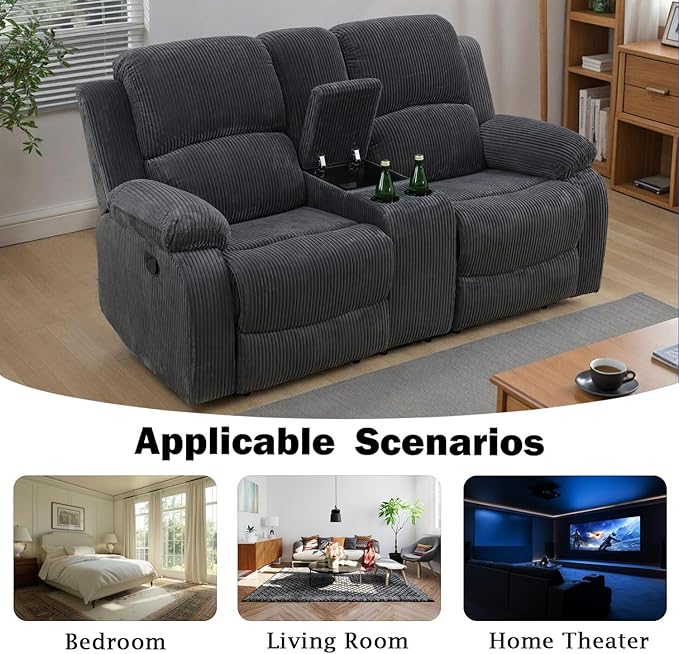 Recliner LoveseatFabric Reclining Sofa Set with Double Recliners for Living Room SetDark Gray Loveseat with Storage/Cup Holders for Living Room/Theater Seating/Rv Seating(2 Seater Couch)