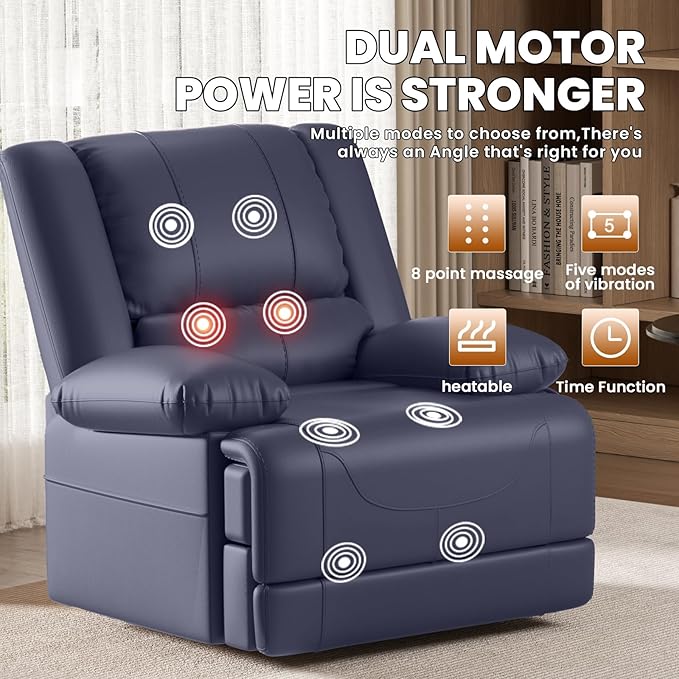 Large Dual Motor Power Lift Recliner Chair with Massage and Heat for Elderly People Infinite PositionUSB Ports and Remote ControlBreathable Leather (Blue)