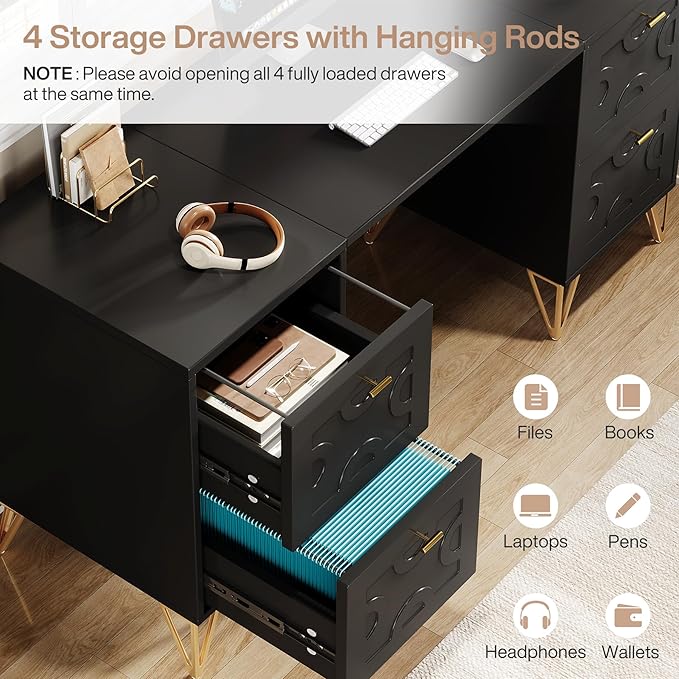 Tribesigns 59-Inch Black Executive Computer Desk with 4 File Drawers Storage Modern Writing Table Luxury Desk with Gold Legs for Home Office
