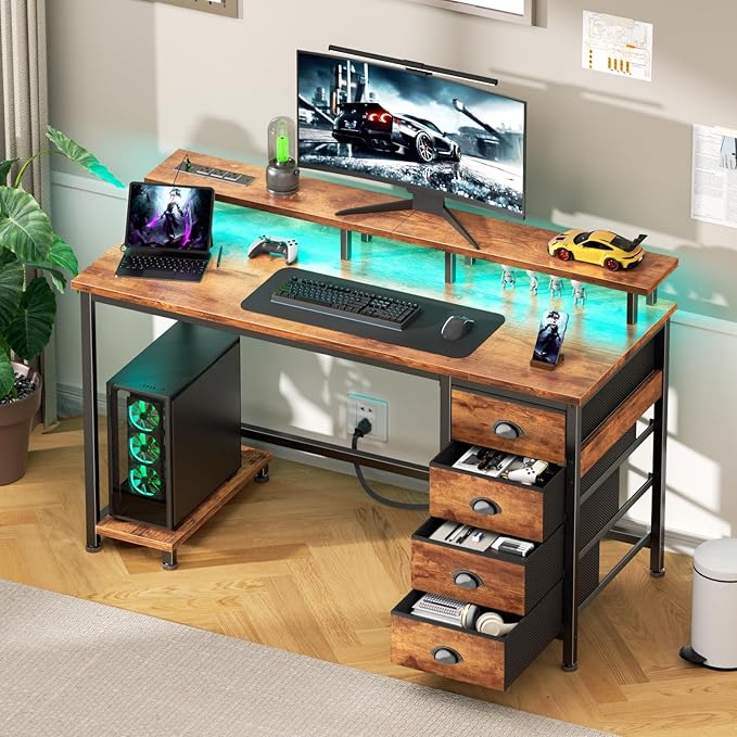 Furologee Computer Desk with Power Outlets &amp Monitor Stand 47 Inch Reversible Gaming Desk with LED Lights &amp 4 Fabric Drawers Writing Work Table for Home Office Bedroom Rustic Brown