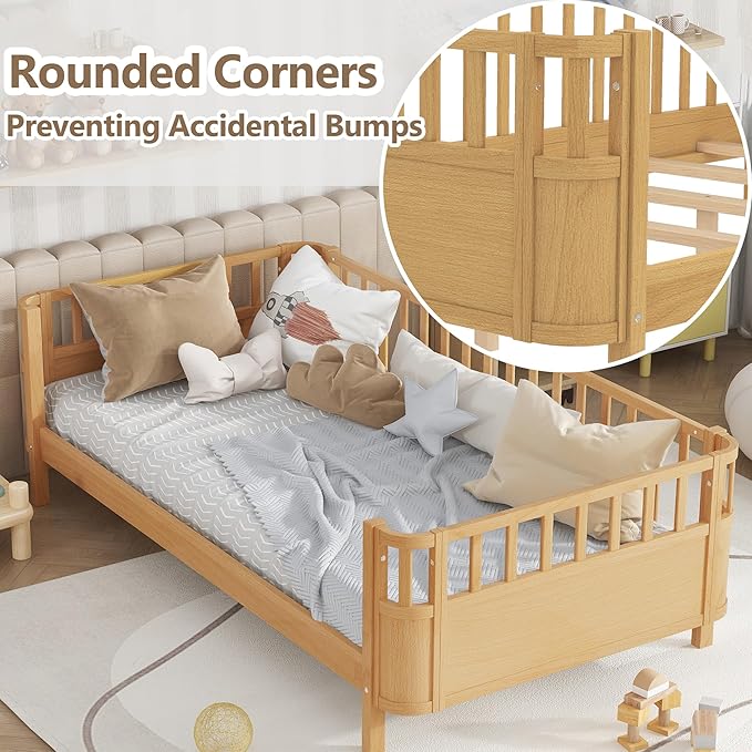 Bellemave Twin Size Montessori Bed with Fence and Slats Natural
