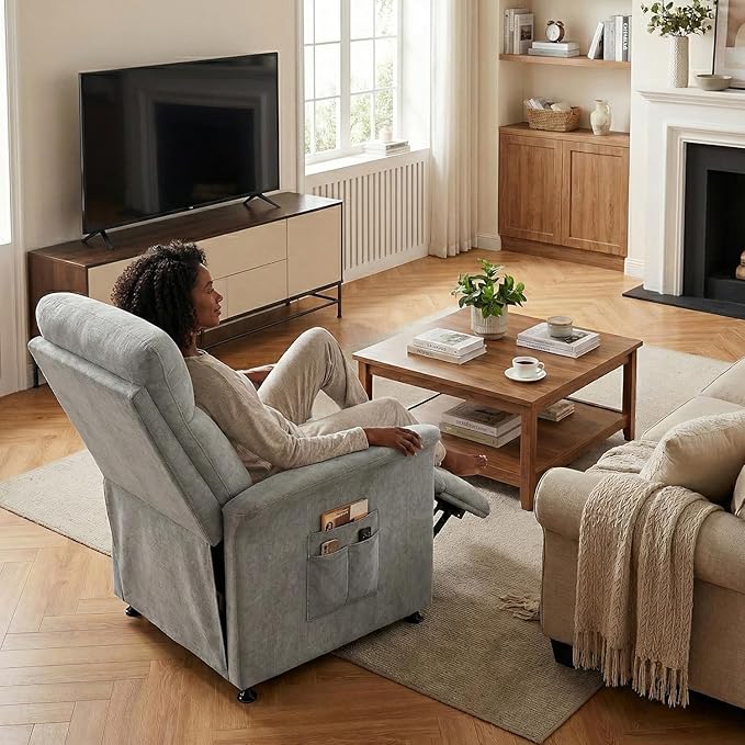Electric Power Recliner Chair with Heat &amp Vibration Massage Overstuffed Fabric Sofa with Remote Control for Living Room Bedroom Easy Assembly Light Grey