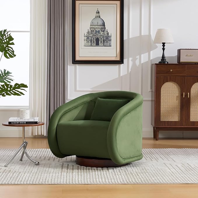 Swivel Accent Chair 360-Degree Rotating Barrel Chair with Soft Velvet Upholstery Comfy Pumpkin-Shaped Lounge Chair for Living Room Bedroom Office (Green)
