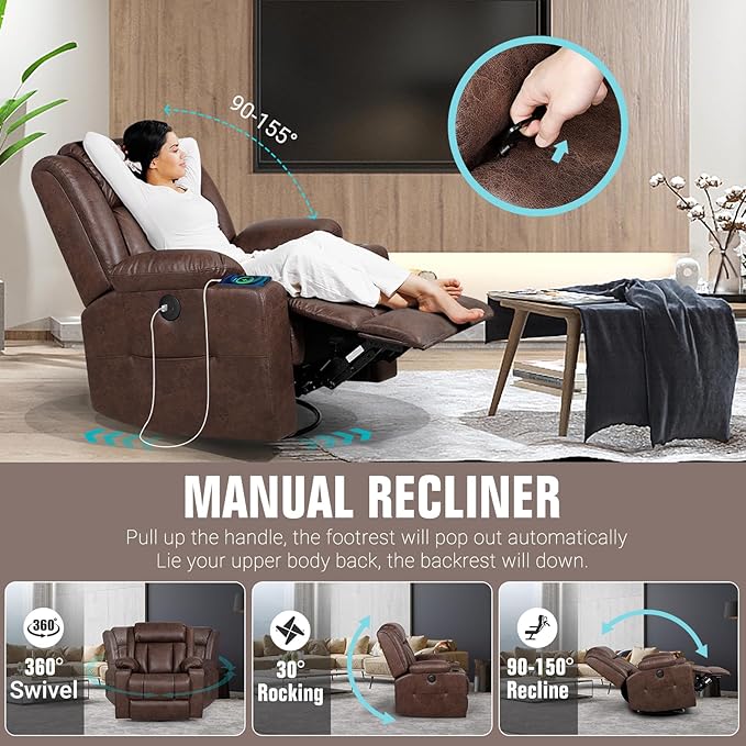 LEVELEVE Retro Rocking Recliner Chair Massage Chair with Vibration Massage and Heat USB and Type-C Ports360° Swivel ChairsLiving Room Bedroom Nursery RV Brown
