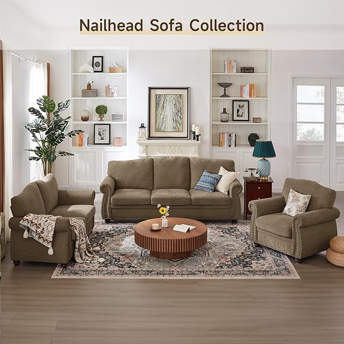 ONBRILL Nailhead Sofa 66 Inch Small Couch with Rolled Arms Chenille Fabric Loveseat w/Springs Seat Cushion Vintage Curved Back Turned Wood Legs Comfy Couch for Living Room Farmhouse Brown