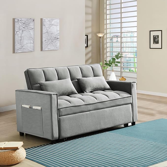 3 in 1 Convertible Sleeper Sofa Couch with Pull Out Bed55 Velvet Upholstered Futon Sofa BedModern Loveseat Sleeper Chaise with Adjustable Backrest for Living Room Guest Room Apartment(Grey)