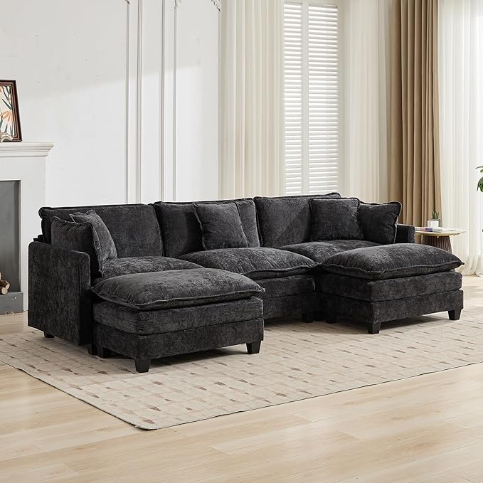 111.5” Black Modular Sectional Sofa 3 Seater Large Sectional Couches for Living Room Chenille Fabric Oversized Cloud Couch with Ottoman Deep Seat Home Sofas Set Sofá Moderno U Shaped