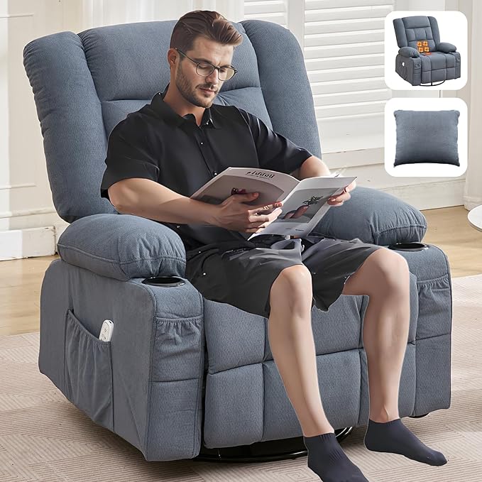 Oversized Swivel Rocker Recliner with Throw Pillow for Adult Kneading Massage Recliners Chair with Heat | USB | Cup Holders Gray Nursery Recliner Chair for Living Room Bedroom (Normal Blue)