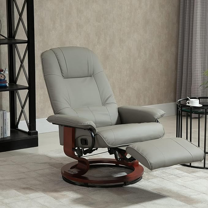 Faux Leather Manual Recliner Adjustable Swivel Lounge Chair with Footrest Armrest and Wrapped Wood Base for Living RoomBedroomMax Reclining 145° (Gray)
