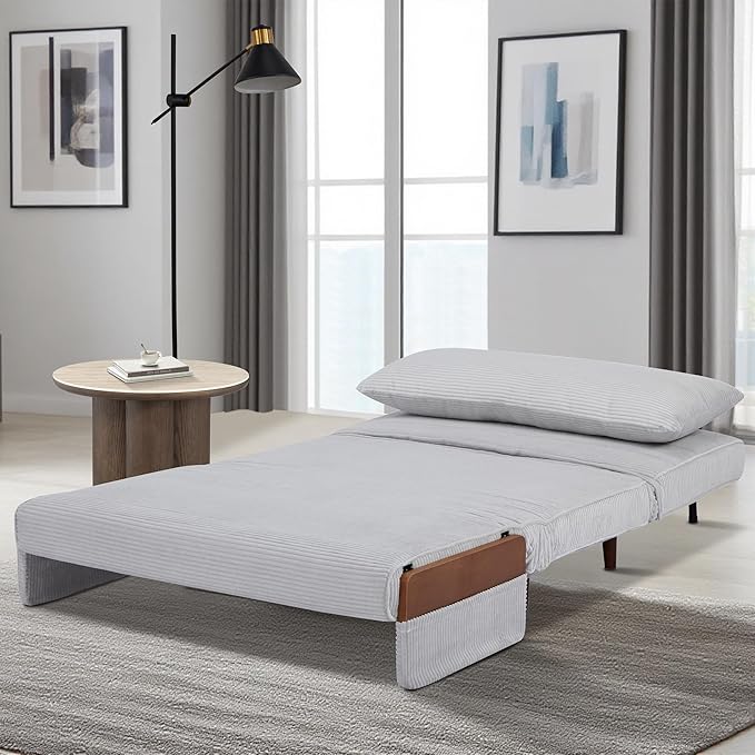 3-in-1 Convertible Sofa Bed Futon Loveseat Couch with Pillow Adjustable Backrest and Removable Armrests Recliner Sleeper Sofa for Small Spaces Living Room Bedroom or Office Light Grey