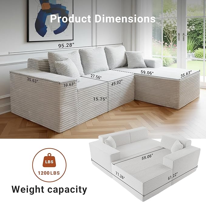 Claiks 95 Boneless Couch Cloud Couch Sectional L-Shape Corduroy Modular Sectional Sofa Deep Seat Upholstered Couches for Living Room No Assembly Required Light Gray Right Facing Chaise