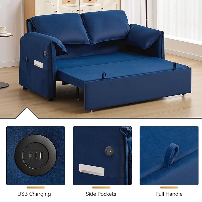 63 Velvet Pull Out Sofa Bed 3-in-1 Convertible Futon Loveseat Queen Sleeper Sofa Couch Bed with Adjustable Backrest USB Ports &amp Side Pockets Modern Sofas for Living Room Apartment Blue