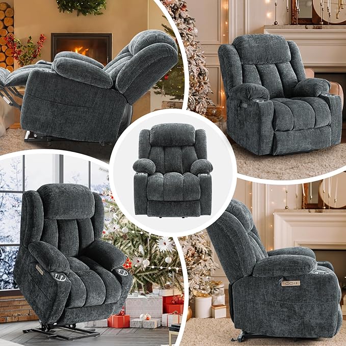 ABCASA Large Power Lift Chairs Recliners for Elderly with Heat ＆ Massage Upgraded Chenille Recliners USB-A ＆ C Cup Holder Side Pocket Grey Blue