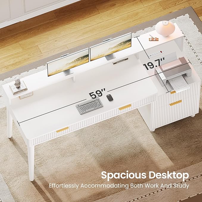 SEDETA Office Desk with 4 Storage Drawers 59 Fluted Wood Gaming Computer Desk with LED Lights and Power Strip Modern Writing Desk Study Table for Home Office Living Room Bedroom White