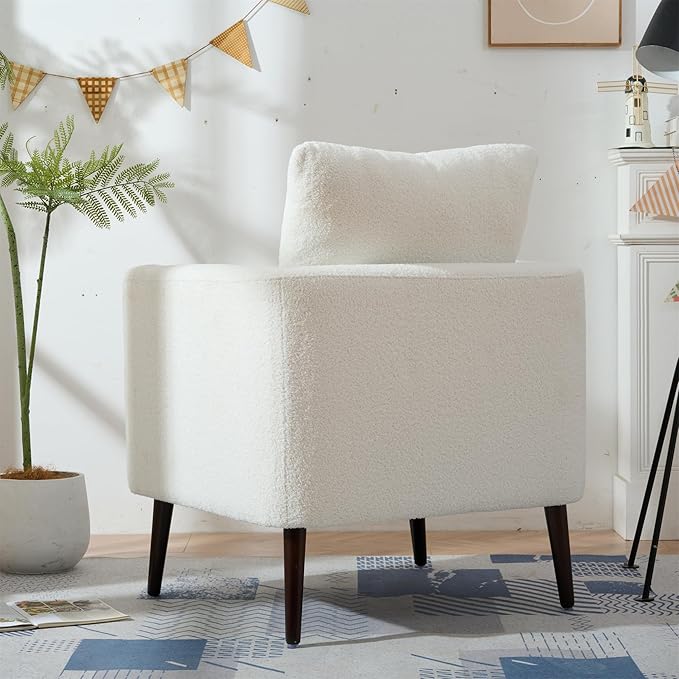 Modern Upholstered Accent Chair Mid-Century Lounge Armchair with Pillow Comfy Reading Side Accent Chairs Single Sofa Chair with Wood Legs for Living Room Bedroom (White+Teddy)