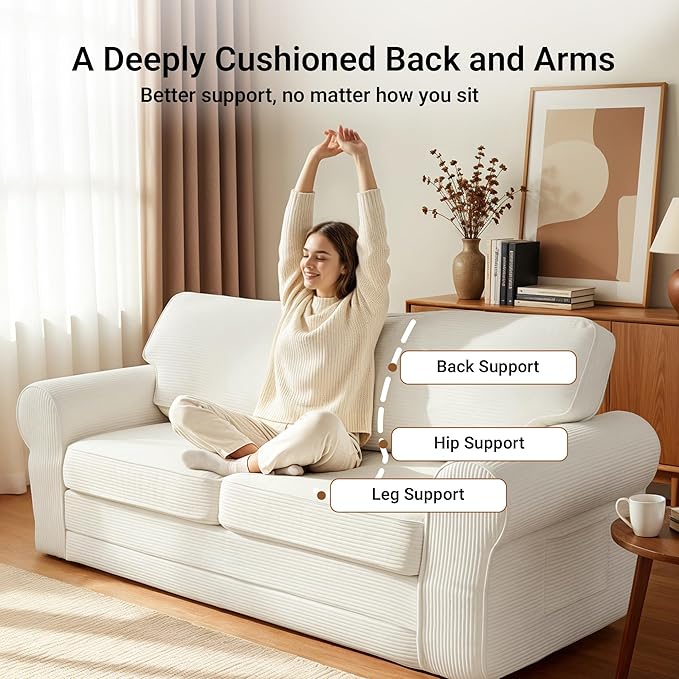 83 Corduroy Loveseat Sofa for Living Room Boneless Sofa with Wide Rounded Armrest Deep Cushioned Couch with Lock-Stitched Edges Skin-Friendly Cloud Couch White